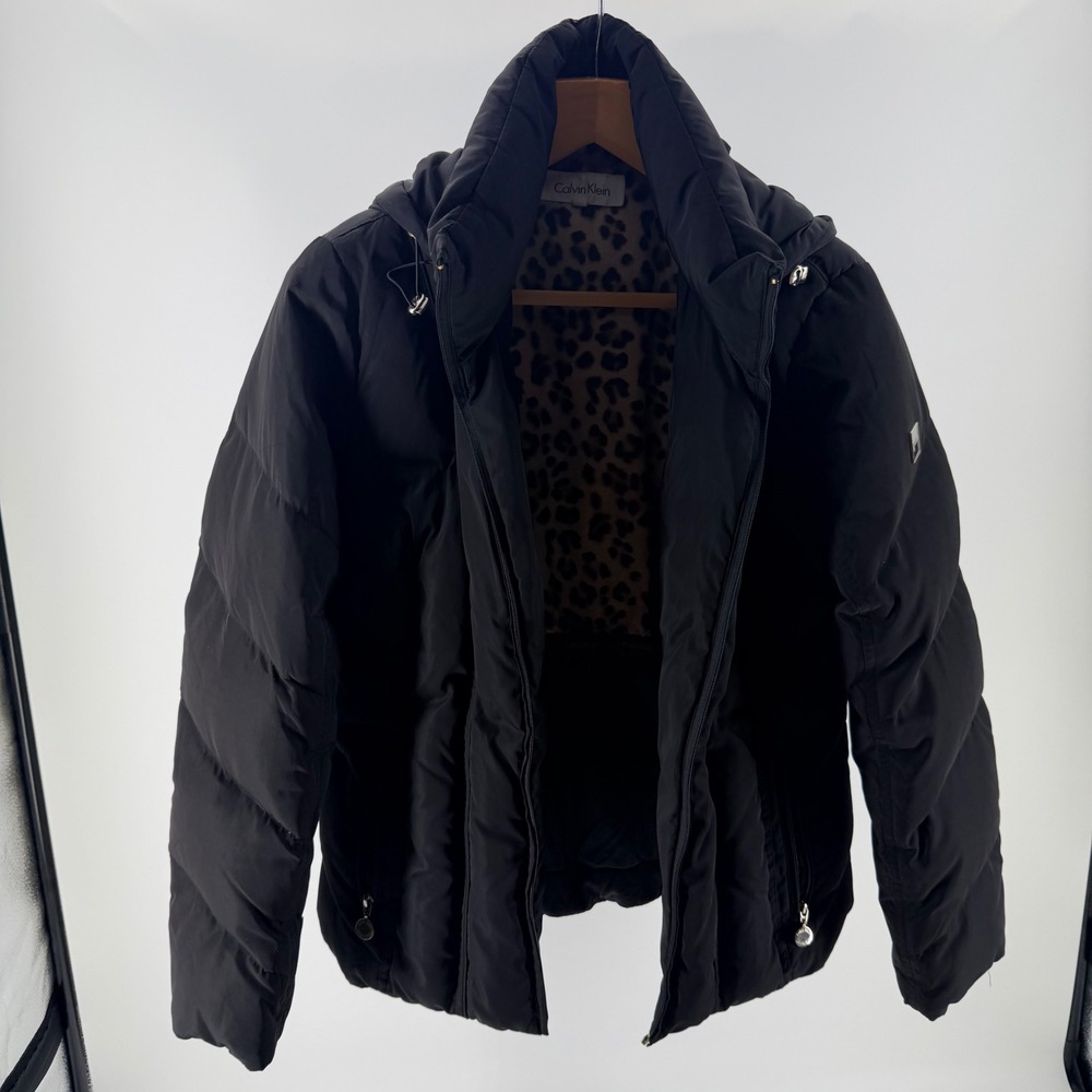 Calvin Klein Womens Black Puffer Jacket Leopard Print Lining Hooded Down Coat M
